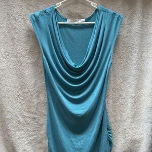 VGUC Women's Max Studio size S blue top with draping/cowl neck, gathered sides.